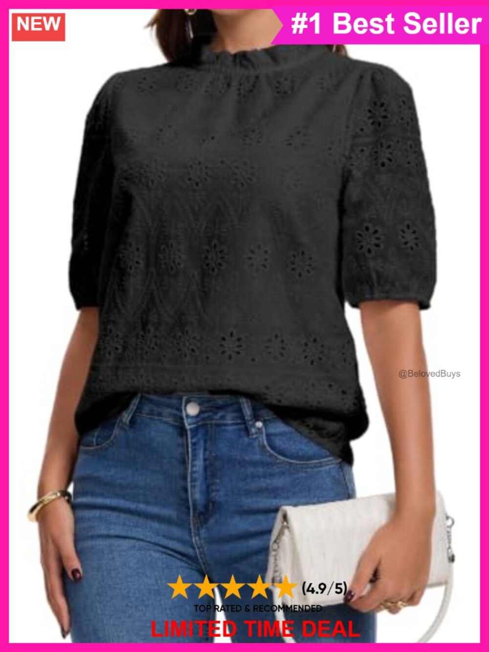 Embroidered Eyelet Blouse Ruffle Mock Neck Puff Short Sleeve Top